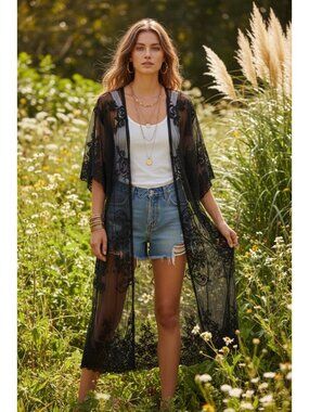Flowy Black Lace Duster Cardigan Sheer Boho Kimono Layer One Size